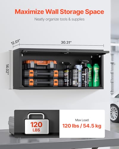 VEVOR Metal Wall Cabinet, 30.31W x 12.01D x 14.02H Inch, Floating Garage Tool Cabinet with Up-Flip Door, 120 lbs Load per Shelf, Fit for Garage, Basement, Kitchen, Warehouse, Assembly Required - style: Upgrade Flip up 14"