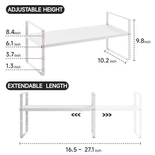 16.5-27’’L Expandable Kitchen Shelf Organizer, Stackable Shelves Organizer, Adjustable Height Pantry Spice Rack for Cabinet, Countertop, Pantry and Cupboard, White - size: 1Pack-Common-10.2''Wx(16.5-27'')Lx9.6''H-White