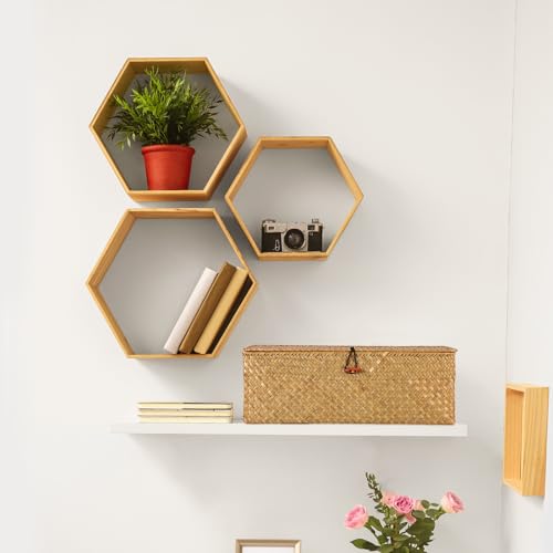 Moosky Wicker Shelf Baskets with Lid, Seagrass Basket for Storage Rectangular Woven Baskets Boxes 3-Section Home Decor Organizer (Natural Large) - color: Natural Large