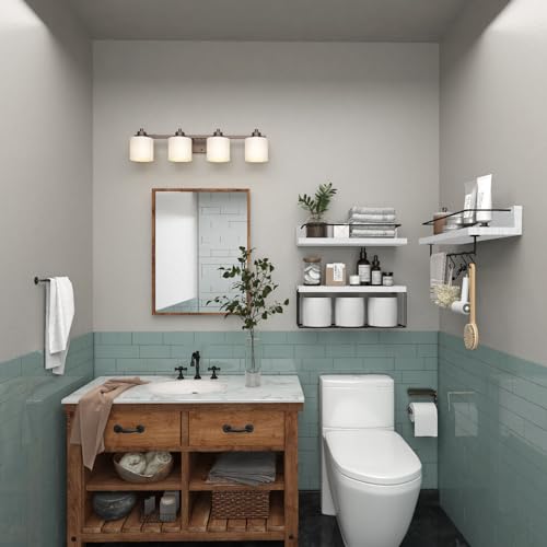 PopiShelves Bathroom Shelves Over Toilet for Wall, Floating Shelves with Storage Basket Paper Holer for Kitchen Living Room, Bedroom & Classroom, Set of 3 (White and Black) - color: White and Black, size: 15.7"