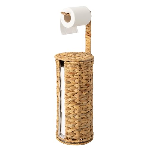 StorageWorks Wicker Water Hyacinth Freestanding Toilet Paper Holder Stand with Storage, Farmhouse Covered Toilet Paper Stand for 4 Rolls with Cloth Lining, Tissue Holder for Bathroom Decor with Shelf - color: Natural（water Hyacinth）, size: 6¾"D(For 4 Roll