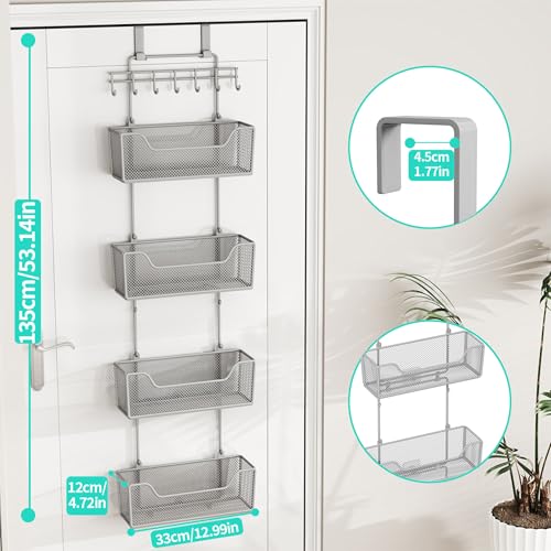 HapiRm Over The Door Organizer - Hanging Door Organizer with 4 Metal Large Capacity Baskets and Adjustable Coat Hook for Bathroom Bedroom Kitchen Pantry Closet Cabinet - color: Grey
