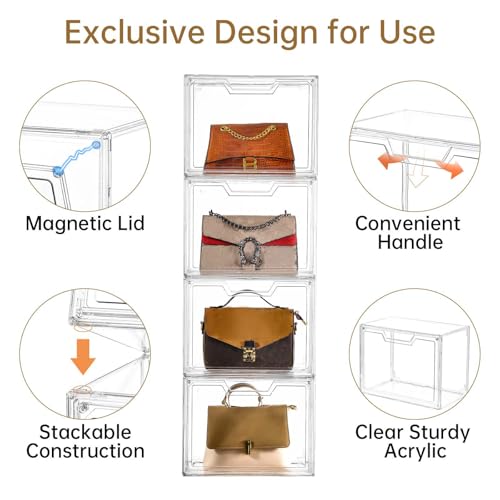 Freebat Stackable Storage Bins, Clear Acrylic Display Case, 5-Pack Acrylic Boxes with Lids, Clear Storage Containers Storage for Handbags, Collectibles & Figures - size: 5pack