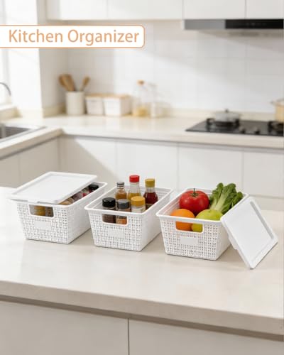 Plastic Storage Baskets with Lids [6-Pack] – Stackable Organizing Bins with Secure Snap-On Lids for Pantry, Bathroom & Closet | 11"x7"x5" Bins Hold 25lbs, Dustproof & Water-Resistant, White - color: White