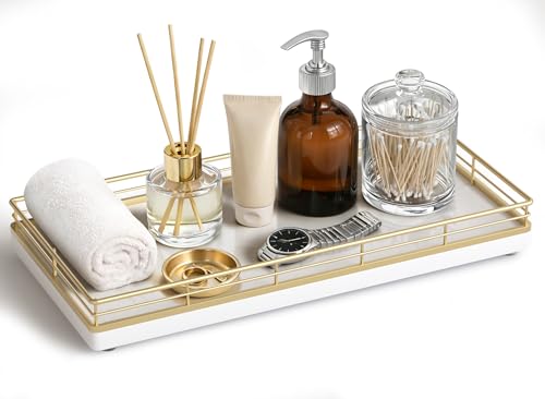 Bathroom Vanity Tray for Countertop, 12" x 6" Oak Wood Toilet Tank Tray with Metal Guardrail, Bathroom Organizer for Soap, Perfume & Skincare, Non-Slip Decorative Tray for Dresser, Gold & White - color: Gold & White, size: 12" x 6" x 1.5"