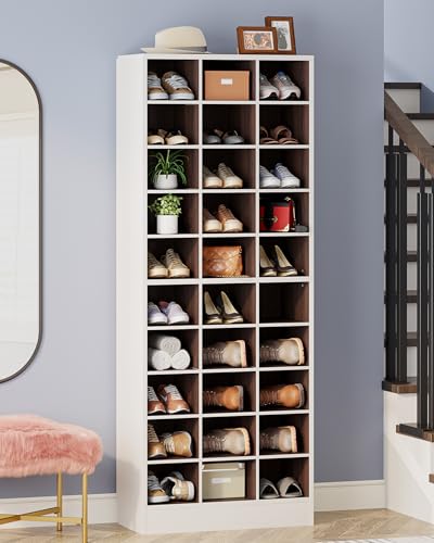 Tribesigns 10-Tier Shoe Storage Cabinet, White and Brown Wooden Shoe Rack with 30 Cubbies, Freestanding Tall Entryway Shoe Organizer for Closet, Entryway, Living Room - color: White & Brown