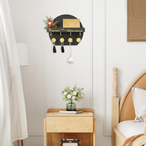 Key Holder for Wall, Key and Mail Holder Organizer - Key Holder Wall Mount with Bouquet Shelf and Key Hooks, Round Wooden Rustic Key Rack for Entryway and Home Decor (Black) - color: Black