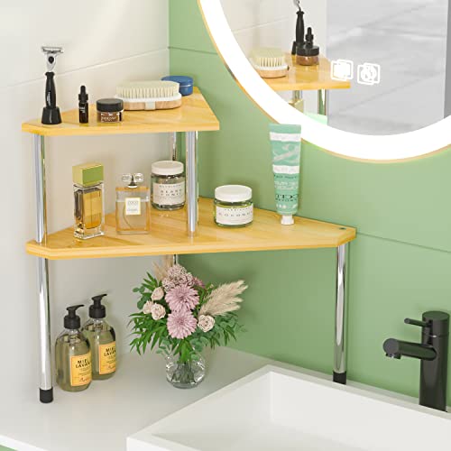 Weenson Bathroom Organizer Countertop Corner Shelf – 2 Tier Bathroom Organization Bamboo Spice Rack Kitchen Countertop Organizer Space Saving Storage Shelves Living Room Office Home Decor - color: Yellow
