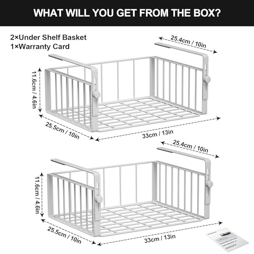 AmonHouseware 2Pack Under Shelf Basket Organizer,Adjustable Hanging Holder Storage for Cabinet Pantry Kitchen Cupboard Desk Counter Bookshelf Organization Add-on Space Saver Heavy Duty Slide-in,White - color: White