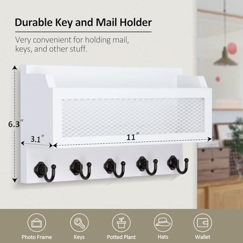 Nekon Mail and Key Holder for Wall Decorative, 11 Inch Wooden Wall Key Organizer with 5 Key Hooks, Wall Mount Storage Shelf for Entryway Hallway (White) - color: White