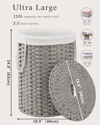 SETVSON Laundry Basket with Lid Round Rattan Laundry Hamper with Lid and Handles 29.1 Gal (110 L) Handwoven Woven Basket with Removable Bags and 2 Mesh Bags for Bathroom Living Room Gray - color: Gray, size: 110L