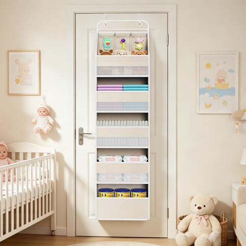 Univivi 6-Shelf Over Door Hanging Organizer Fabric Baby Door Storage with 5 Extra Large Capacity Pockets Behind the Door Hanging Storage Organizers Easy Install Door Storage for Baby Essential (Beige) - color: Beige Pattern, size: 6 LAYER