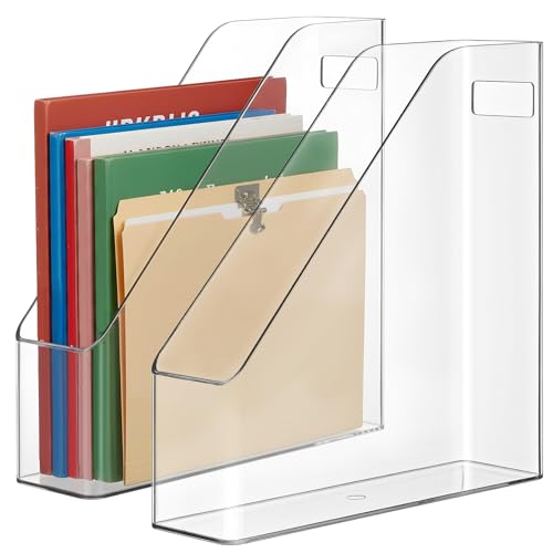 Kifmurase 2PCS Vertical File Holder, Clear Plastic Standing File Shelf and Organizer for Office Home Magazines Notebooks Folder Binders, Multi-purpose Desktop Document Storage Vertical Rack
