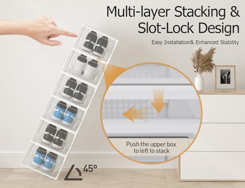 Kuject XX-Large Shoe Storage Boxes Organizers Clear Plastic Stackable 12 Pack, Shoe Rack & Holder Substitute, Sneaker Containers, Shoe Storage Organizer Bins for Closet, Under Bed,White(No Fold Line) - color: White, size: XX-Large