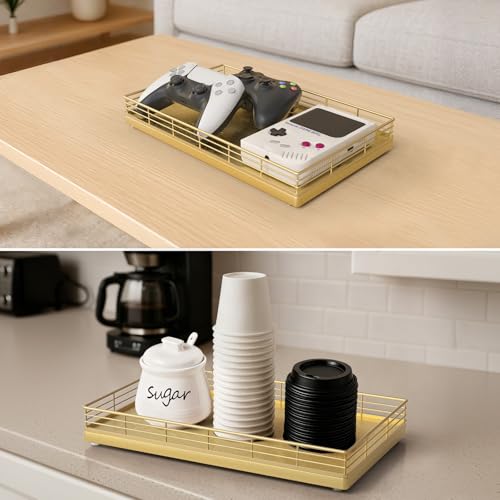 Large Bathroom Vanity Tray – 13" x 8" Oak Decorative Wooden Tray for Bathroom Countertop & Vanity Organizer, Rectangular Wood Tray for Perfume, Skincare, Storage, Vanity Dresser Counter Decor, Gold - color: All Golden, size: 13" x 8" x 2"