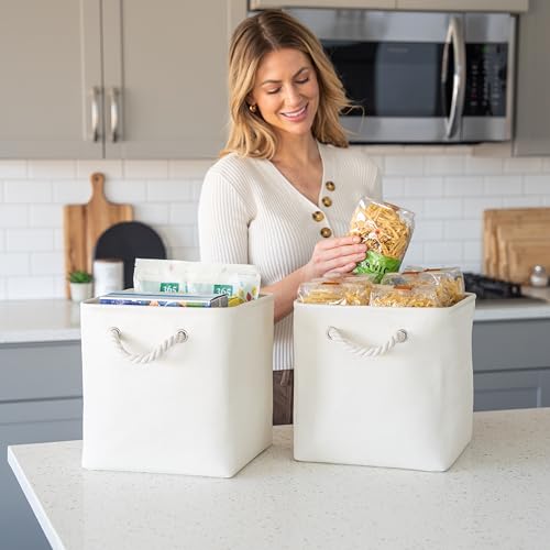 OrganiHaus 11x11 Cube Storage Bins 4 Pack, Foldable Cube Storage Organizer w/ Rope Handles, Collapsible Fabric Bins for Toys, Clothes & Closet Organization, Fabric Square Baskets - Off-White - color: Off-White, size: 4 pcs (11x11)