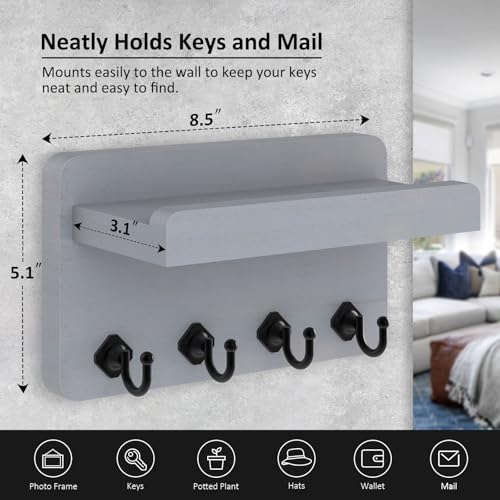 Nekon Key Holder Wall Mount, 8.5 Inch Small Home Decor Wooden Wall Organizer with 4 Hooks and Shelf, Key and Mail Holder for Living Room Entryway Kitchen (Gray) - color: Gray