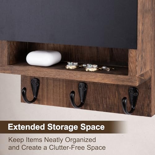 Key and Mail Holder for Wall, Key Holder with Chalkboard and Long Storage Box, Key Hanger with 3 Sturdy Hooks for Coat, Dog Leash, Entryway Mail Organizer (Brown) - color: Brown