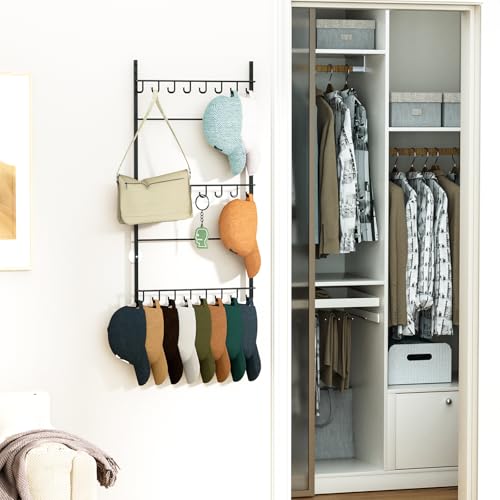 HapiRm Over Door Hat Rack - 3 Tier Wall Mounted Hat Organizer with 24 Hooks, Baseball Cap Organizer Storage Holds up to 24 Caps for Door, Bedroom, Closet - color: Hooks Black, size: 3 Tier