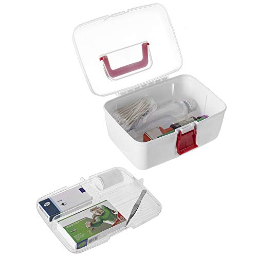 MyGift 10 Inch Multipurpose Portable White Plastic Storage Box with Removable Tray, Clear Lid and and Red Handle and Latch Lock, Home First Aid Storage Tool Box Sewing Kit Organizer Carrying Case