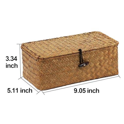 Wicker Storage Basket with Lid, Natural Seagrass Storage Baskets for Organizing, Rectangular Woven Basket for Storage, Decorative Boxes Bins with Lids Home Organizer Decor - size: 9.05" x 5.11" x 3.34"