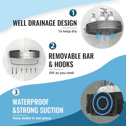 Onemake Corner Shower Caddy Suction Cup, Aluminum Wall Mounted Organizer Shelves Storage Rack with Towel Bar for Small Bathroom Grey - style: 1 Tier-Gray-Triangle Caddy