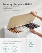 SONGMICS Laundry Hamper, 39.6 Gallons (150L), 3-Section Laundry Basket, Laundry Hamper with Lid, Bamboo, Foldable, Removable and Machine Washable Liner, for Laundry Room, Bedroom, White ULCB091W01