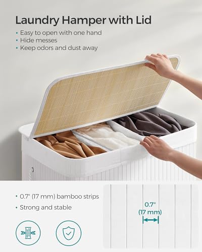 SONGMICS Laundry Hamper, 39.6 Gallons (150L), 3-Section Laundry Basket, Laundry Hamper with Lid, Bamboo, Foldable, Removable and Machine Washable Liner, for Laundry Room, Bedroom, White ULCB091W01