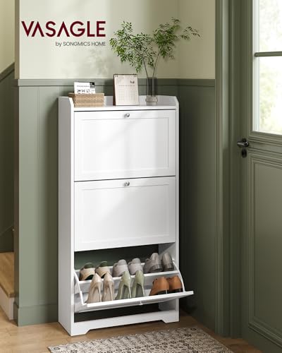 VASAGLE Shoe Cabinet with 3 Flip Drawers, Shoe Organizer, Adjustable and Removable Dividers, Holds 12-20 Pairs, Entryway, 9.4 x 23.6 x 47.7 Inches, Cloud White ULBC036WB02S - color: Cloud White, size: 9.5"D x 23.6"W x 47.7"H, style: shoe cabinet