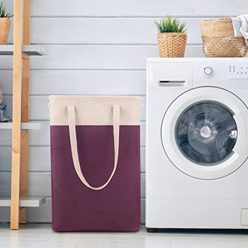 i BKGOO Laundry Basket with Handles Beige&Burgundy Slim Laundry Bin Collapsible Dirty Clothes Basket Narrow Laundry Bag Foldable Dirty Hamper for Camping, Dorms, Apartments - color: Beige&Burgundy