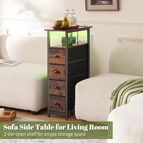 Yoobure LED Narrow Nightstand with Charging Station - Slim Dresser for Bedroom Narrow Side Table Storage Cabinet, Small Dressers Chest of Drawers, Tall Skinny Night Stand End Table for Small Spaces - color: Vintage Brown
