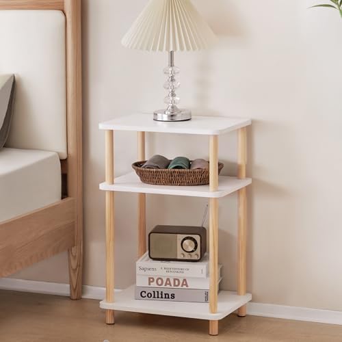 Apicizon 3 Tier Nightstand, End Table with Storage Shelf, Wooden Vinyl Record, Farmhouse Bedside Table for Small Spaces, Bedroom, Living Room, Easy Assembly, White+Natural - color: White+natural, size: 1 Set, style: 3 Tier