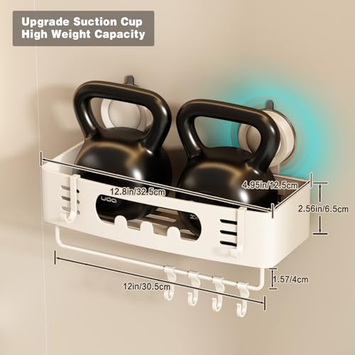 Voldra Shower Caddy Suction Cup, Shower Shelves for Inside Shower No Drilling, Aluminum Suction Showers Organizer for Wall with Towel Bar & Hooks Removable Bathroom Storage Rack (2 Pack-Cream White) - color: Cream White-Rectangle, size: 2 Pack