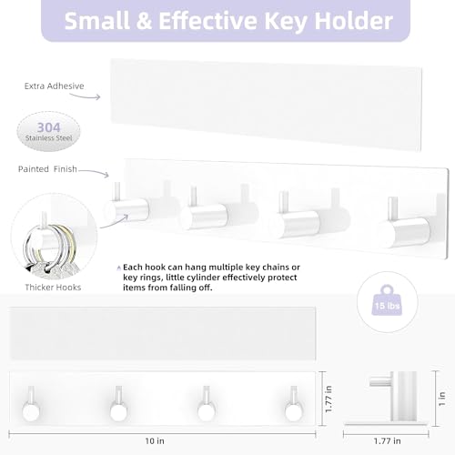 VIS'V Key Holder Wall Mount, Large Metal Self Adhesive Key Hanger with 4 Hooks, No Drilling, Extra Adhesive Strip, White - color: White