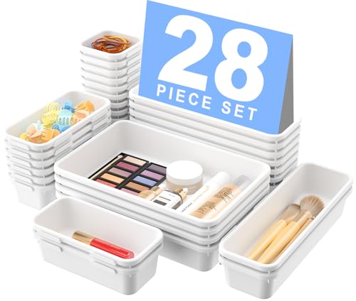 A-LuGei 【𝟮𝟴𝗣𝗖𝗦】 【𝟱𝗦𝗶𝘇𝗲】 White Drawer Organizer, Makeup organizer, 【Holds 177 Items】 Bathroom Organizers and Storage, Plastic Desk Organizer Divider, Organizer Bins for Office Vanity - color: White