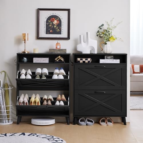 Joaxswe Shoe Cabinet Storage for Entryway with 2 Flip Drawers 2 Hook Open Storage Layer Rack Narrow Organizer Slim Hidden Wood Shoe Cabinet Furniture Black - color: Black