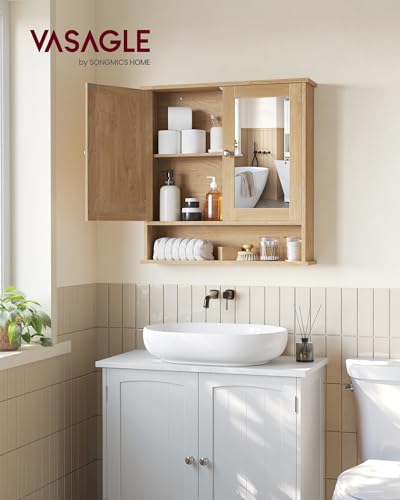 VASAGLE Bathroom Cabinet with Mirror, Wall Cabinet with 2 Mirrored Doors, Adjustable Shelf, Open Compartment, Wall-Mounted, 5.1 x 22.2 x 23 Inches, Natural Oak ULHC003Y01 - color: Natural Oak, size: 5.1"D x 22.2"W x 23"H