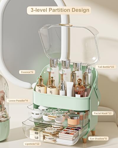 Anylady Makeup Organizer Countertop, Skincare Holder Bathroom Counter Organizer, Storage Box Cosmetic Display Cases, Teen Girl Gifts Make up Organizers for Vanity, Dresser - color: Green