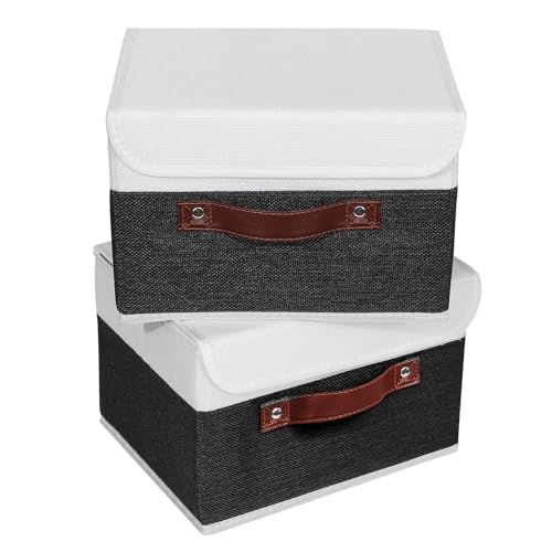 ANMINY 2PCS Storage Boxes with Lid Washable Decorative Storage Bins Basket with PU Leather Handle Foldable Linen Fabric Storage Cubes Containers for Home Closet Organizer - Black White, Small Size - color: Black White, size: Small (Pack of 2)