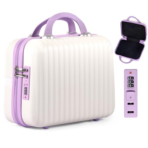 14 Inch Makeup Train Case Portable Hard Shell ABS Cosmetic Travel Case with Security Lock Large Toiletry Organizer Box with Elastic Strap for Suitcase Handle Travel Essentials Gift for Women - color: Beige+Purple, size: 14 Inch