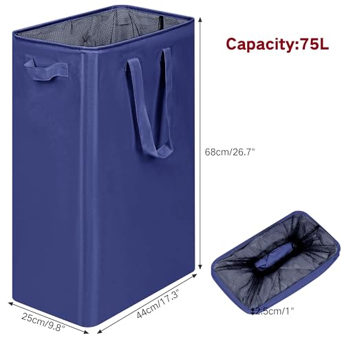 efluky Slim Laundry Basket, Narrow Laundry Hamper with Handles, Collapsible Dirty Clothes Hamper, Tall Laundry Bin for Laundry Room, Dorm and Bedroom, 12.7 Gallons(75L) Blue - color: Blue, size: 75L without Lid
