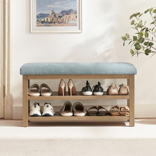 Zihanhome Shoe Rack Bench with Cushion, 2 Tier Solid Wood Storage Bench, Mid-Century Modern Shoe Bench for Entryway, Hallway, Closet, Front Door Entrance, Foyer (Teal, 39.4") - color: Teal, size: 39.4"