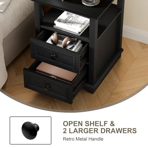 REDAYFUR End Table with Fast USB C Charging Station,18" Wide Sofa Side Table with 2 Drawers, Large Storage Rustic Wood Square Storage Cabinet for Living Room, Bedroom, Office, Black - color: Black, size: 1 Piece