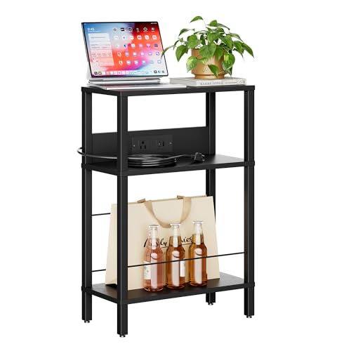 DGSANDGO Black Narrow Side Table - Nightstand with Charging Station (2 USB + 1 AC Outlet) & Drawer, Mute Wheels for Nordic Style/Bedroom/Living Room (Black) - color: Black, size: Drawer Wide-24.4"H 1 PC