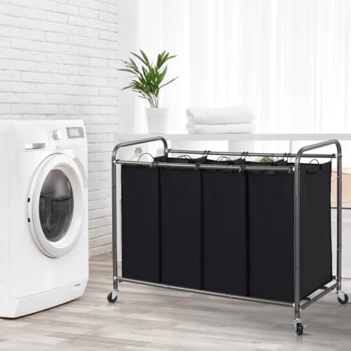 STORAGE MANIAC Laundry Sorter 4 Section, 47.8 Gal (181 L) Laundry Hamper with Wheels, Clothes Divider Basket Sorter, Clothes Separator Hamper Cart with Wheels and Removable Bags, Black - color: Black, size: 4 Section