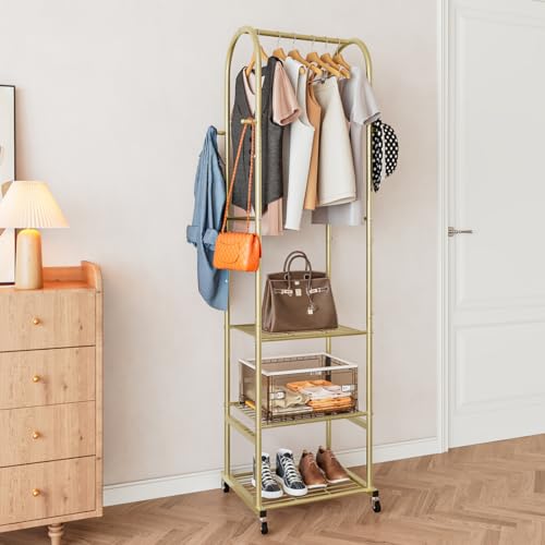SUOERNUO Clothes Rack With Wheels and 3-Tier Metal Shelves,Clothing Rack For Hanging Clothes With 4 Hooks,Garment Rack Wardrobe Organizer for Small Space,Black (gold, 16.54 * 18.23 * 72.05) - color: gold
