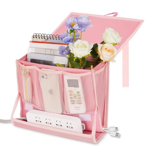 Bedside Caddy Bedside Storage Organizer Bedside Organizer with Power Strip Holder and 2 Adjustable Straps for Home Bunk Bed Dorm Sofa (Pink) - color: Pink