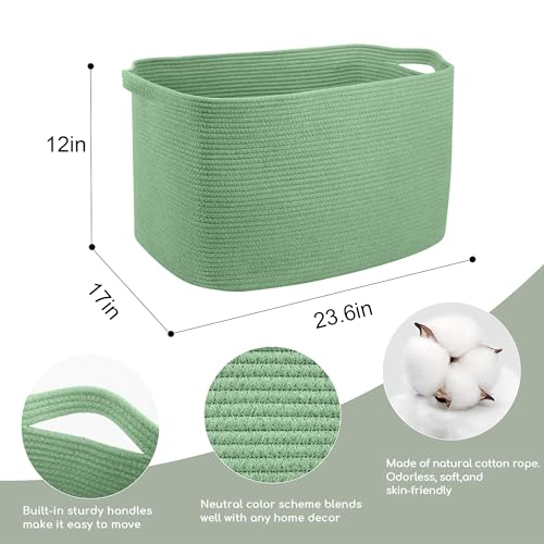 MEGASKET Large Green Baskets for Organizing, 23.6" x 17" x 12" Rectangle Blanket Holder Organizer, Kids Toy Storage Bins, Woven Rope Storage Basket, Green Home Decor Basket, Baby Nursery Storage - color: Green, size: 23.6"x17"x12