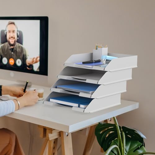 4 Pack Stackable Paper Trays for Letter Documents, Desktop File Organizers for Office Supplies, Stackable Desk Tray Holder for Paper Storage, Gray - color: Gray