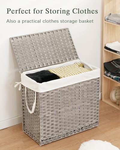 SETVSON Laundry Hamper with Lid Laundry Basket 132 L (35 Gal) Wicker Clothes Hamper, Handwoven Rattan Hamper with Handles and 4 Removable Liner Bags, 6 Mesh Bags for Laundry Bedroom Gray - color: Grey, size: 35.0 Gal